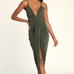 Dreamy Date Dark Green Surplice Midi Dress